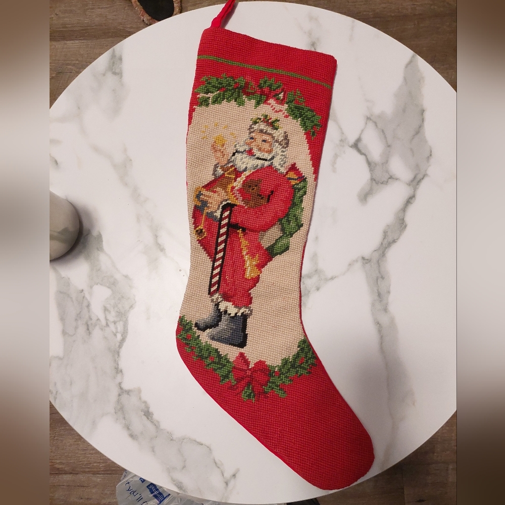 Needlepoint Petit Point Santa Stocking Vintage HandMade 80's Red Velvet Backing